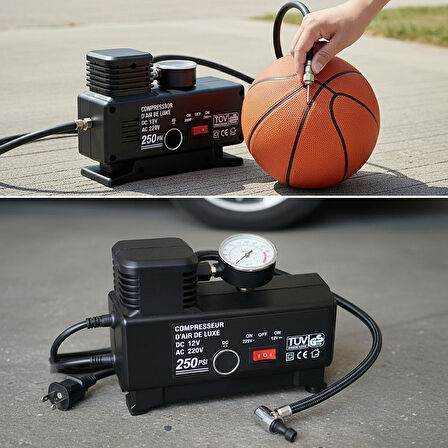 250 PSI Güçlü Lastik Şişirme Pompası - Elektrikli Fiş ve 12V Çakmaklık Girişli Hava Kompresörü