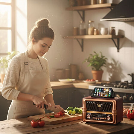Retro Ahşap Tasarım Bluetooth Hoparlörlü Radyo (Büyük Boy, Telefon Standlı, FM/AM Destekli)