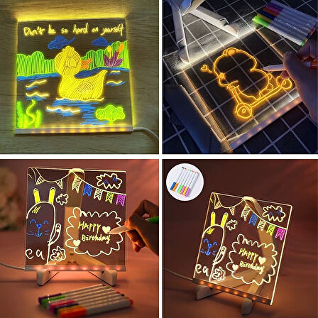 LED Işıklı Kare Yazı Panosu – 20x20 cm, Fosforlu Kalemli