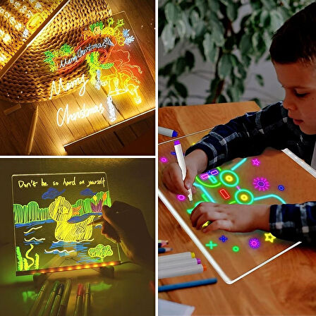 LED Işıklı Kare Yazı Panosu – 20x20 cm, Fosforlu Kalemli