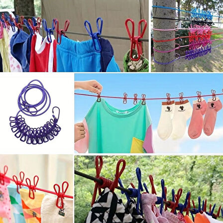 Taşınabilir Seyahat Çamaşır İpi 12 Mandallı Lastikli Klipsli