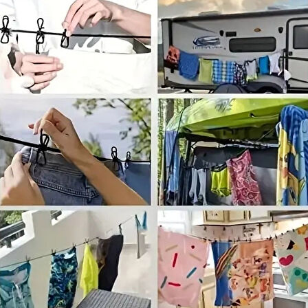 Taşınabilir Seyahat Çamaşır İpi 12 Mandallı Lastikli Klipsli