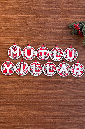 11 Harfli Kırmızı Beyaz İpli Ahşap “Mutlu Yıllar” Yılbaşı Süsü