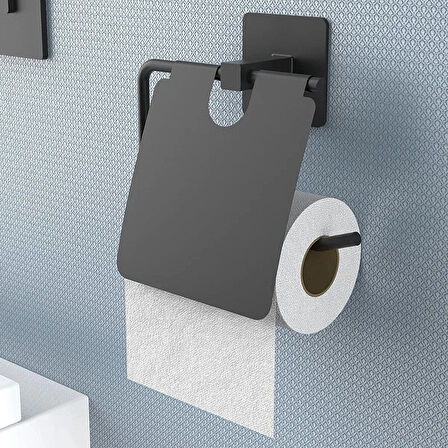 Yapışkanlı Siyah Paslanmaz Metal Kapaklı Tuvalet Kağıtlığı