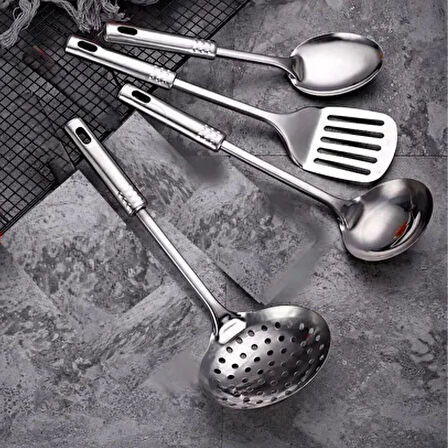 4'lü Çelik Kepçe, Süzgeç, Servis Kaşığı, Spatula Mutfak Yemek Hazırlama Servis Seti