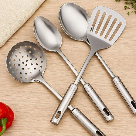 4'lü Çelik Kepçe, Süzgeç, Servis Kaşığı, Spatula Mutfak Yemek Hazırlama Servis Seti