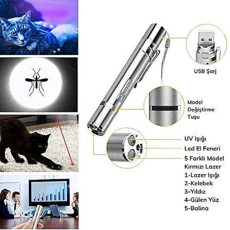 USB Şarjlı 3'ü 1 Arada Kırmızı Lazer Beyaz LED UV El Feneri Kedi Oyuncağı