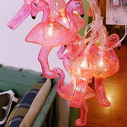 10’lu Pilli Led Flamingo Dekoratif Işık Zinciri – 1,5 Metre, Pembe Aydınlatma