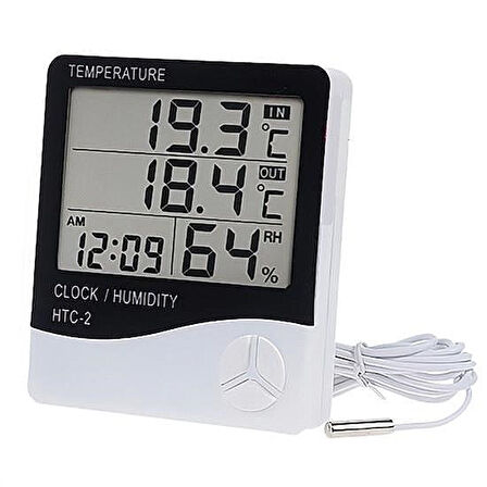 İç ve Dış Ortam Sıcaklığını Ölçebilen LCD Ekran Saat Göstergeli Alarmlı Nem Ölçer Termometre