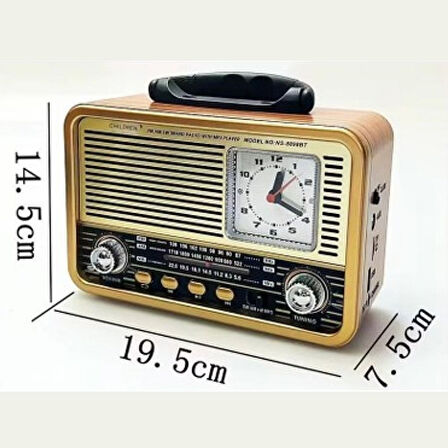 Orta Boy Retro Ahşap Tasarım Radyo (Saat Göstergeli, Şarjlı, Bluetooth Hoparlörlü FM/AM)