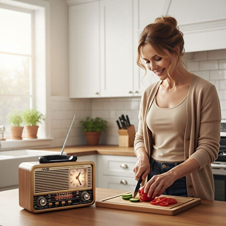 Orta Boy Retro Ahşap Tasarım Radyo (Saat Göstergeli, Şarjlı, Bluetooth Hoparlörlü FM/AM)