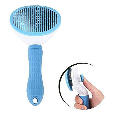 Bas-Çıkar Kendini Temizleyen Kedi Köpek Tarağı, Ergonomik Tüy Toplama Fırçası (Mavi)