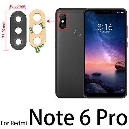 Tkgz Xiaomi Redmi NOTE 6 PRO Arka Kamera Camı Lens Yapışkanlı