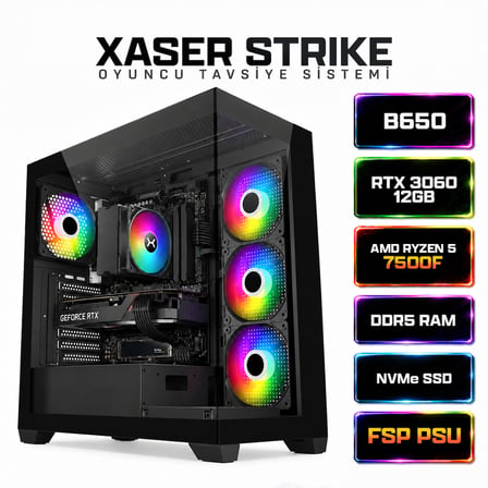 Xaser Strike X70 Ryzen 5 7500F 16GB DDR5 Ram 512GB M.2 NVMe SSD 12GB RTX3060 Masaüstü Oyuncu Bilgisayarı