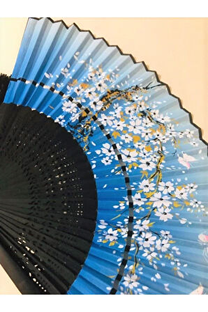 - Kumaş Bambu Vintage Gold Mavi Çiçek Desenli Şık Yelpaze