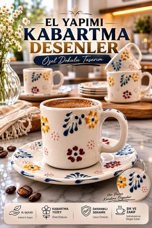 Seramik 12 Parça El Dekorlu Kabartma Desenli Türk Kahvesi Fincan Takımı 6 Kişilik 100 ml