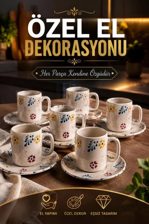 Seramik 12 Parça El Dekorlu Kabartma Desenli Türk Kahvesi Fincan Takımı 6 Kişilik 100 ml