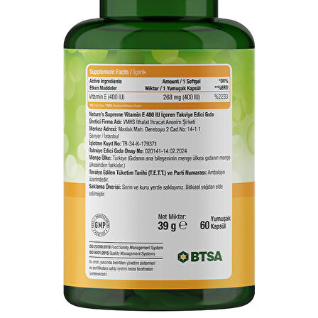 Vitamin E 400 IU 60 Kapsül - AROMASIZ