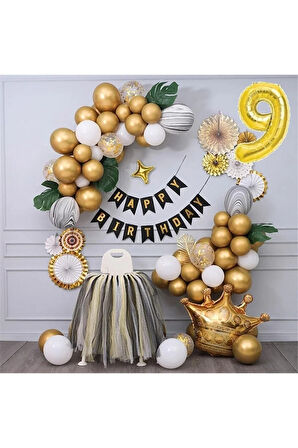 Kral Taçlı Gold Zincir Balon Doğum Günü Seti 7 Yaş