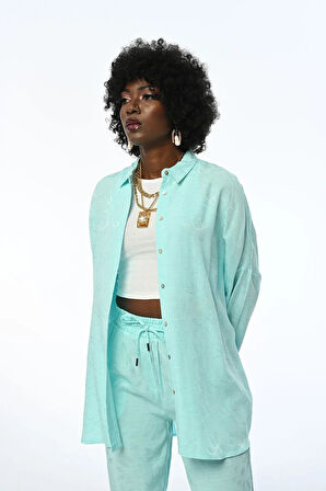 KADIN OVERSIZE KESİM DESENLİ MİNT RENK GÖMLEK