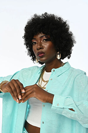 KADIN OVERSIZE KESİM DESENLİ MİNT RENK GÖMLEK