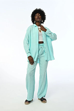 KADIN OVERSIZE KESİM DESENLİ MİNT RENK GÖMLEK