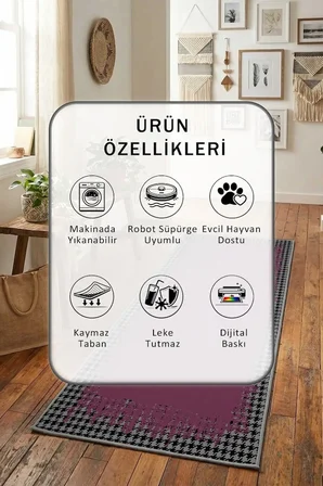Yıkanabilir Kaymaz Kazayaği Mürdüm Dijital Baskılı Yolluk Halı Tüy Tutmaz