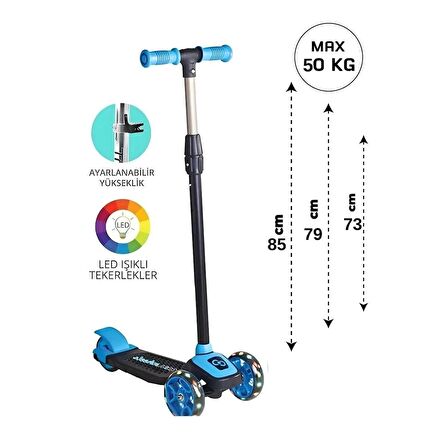 3 Tekerlekli Led Işıklı Yükseklik Ayarlı Çocuk Scooter - Üç Tekerli Ayarlanabilir Işıklı Scooter