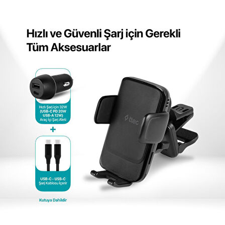 Ttec 2in1 Havalandırma + Torpido Üzeri 15W Kablosuz Şarjlı Araç Tutucu ve 32W Çakmaklık Ve Kablo sET