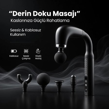 Kavisli Uzatmalı Masaj Tabancası – 9 Kademeli Hız, 4 Değiştirilebilir Masaj Başlığı, Type-C Şarjlı, Kablosuz Derin Kas Masaj Aleti