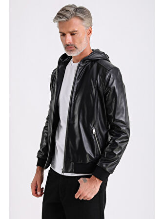 Arda Erkek Kapüşonlu Deri Mont