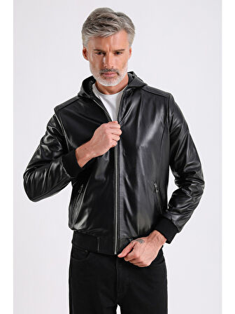 Arda Erkek Kapüşonlu Deri Mont