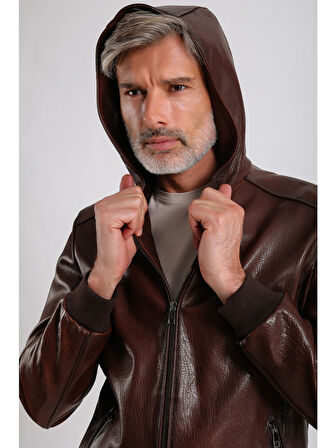 Arda Erkek Kapüşonlu Deri Mont