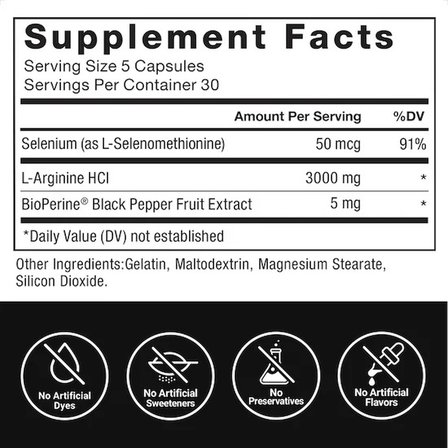 L-arginine 3,000 mg Powerful formula works quıckly 150 Capsules