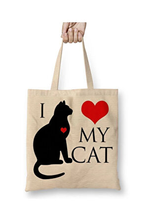 I Love My Cat Kedi Hayvan Pet Animal Beyaz Bez Çanta Uzun Saplı Alışveriş Çantası Plaj Çantası