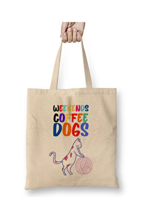 Coffee Cat Lover Funny Cat Kediler Beyaz Bez Çanta Uzun Saplı Alışveriş Çantası Plaj Çantası