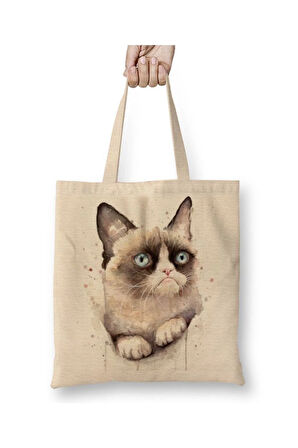 Grumpy Cat Kedi Beyaz Bez Çanta Uzun Saplı Alışveriş Çantası Plaj Çantası