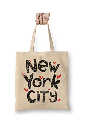 New York City Beyaz Bez Çanta Uzun Saplı Alışveriş Çantası Plaj Çantası