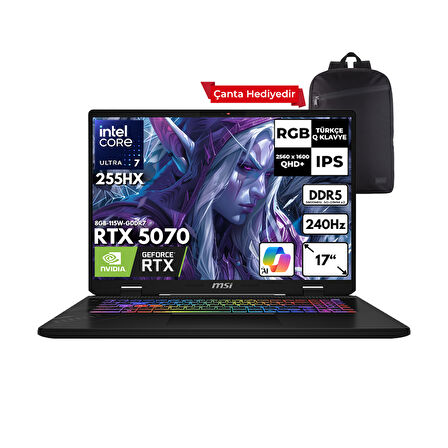 MSI CROSSHAIR 17HX AI Ultra 7-255HX 40-GBDDR5 4 TBSSD RTX5070 (8GB-115W-GDDR7) 17" 2K QHD+ 240Hz Windows 10 Home + HMF Sırt Çantası D2XWGKG-018XTRHMF60
