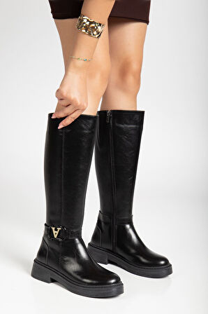 Kadın Siyah Cilt Toka Detaylı Çizme