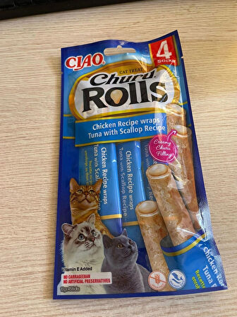 Ciao Churu Rolls Sticks Deniz Taraklı, Tavuk Sargılı ve Ton Balıklı Kedi Ödülü 10GR 4lü