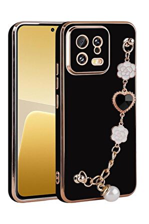 Xiaomi Mi 13 Kılıf Kalpli Çiçekli Bileklik Zincirli Kamera Korumalı Kenarları Gold Renk, Silikon