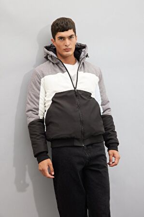 DeFacto Slim Fit Şişme Mont Dar Kesim Renk Bloklu Kapüşonlu Polar Astarlı Fermuarlı N4530AZ24AUGR361