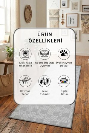 Gri Modern Dijital Baskı Yıkanabilir Kaymaz Yolluk Halı Gri