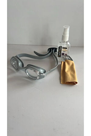 Standart Yüzücü Gözlüğü + Lens Temizleme Spreyi & Bez – Anti-Fog, Su Geçirmez, Gri Renk