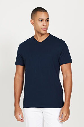 2'li Slim Fit Dar Kesim V Yaka %100 Pamuk Tişört