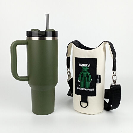 Woodycord El Yapımı Happy Bear Matara Termos Kılıfı Kulplu Model Quencher Pipetli 1,18