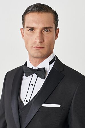 Erkek Siyah Slim Fit Dar Kesim Mono Yaka Desenli Yelekli Smokin Takım