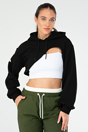 Speedlife Siyah Regular Kareli Kapüşonlu Crop Kadın Sweatshirt SC1185 | M