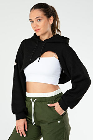 Speedlife Siyah Regular Kareli Kapüşonlu Crop Kadın Sweatshirt SC1185 | M